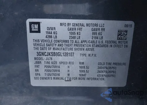 2016 Chevrolet Trax 1Ls from USA, damaged, VIN 3GNCJKSB8GL128107